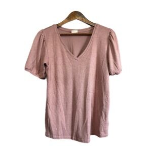 MOD REF Puff Sleeve V-Neck Knit Top Womens Small Pink Excellent Short Sleeve